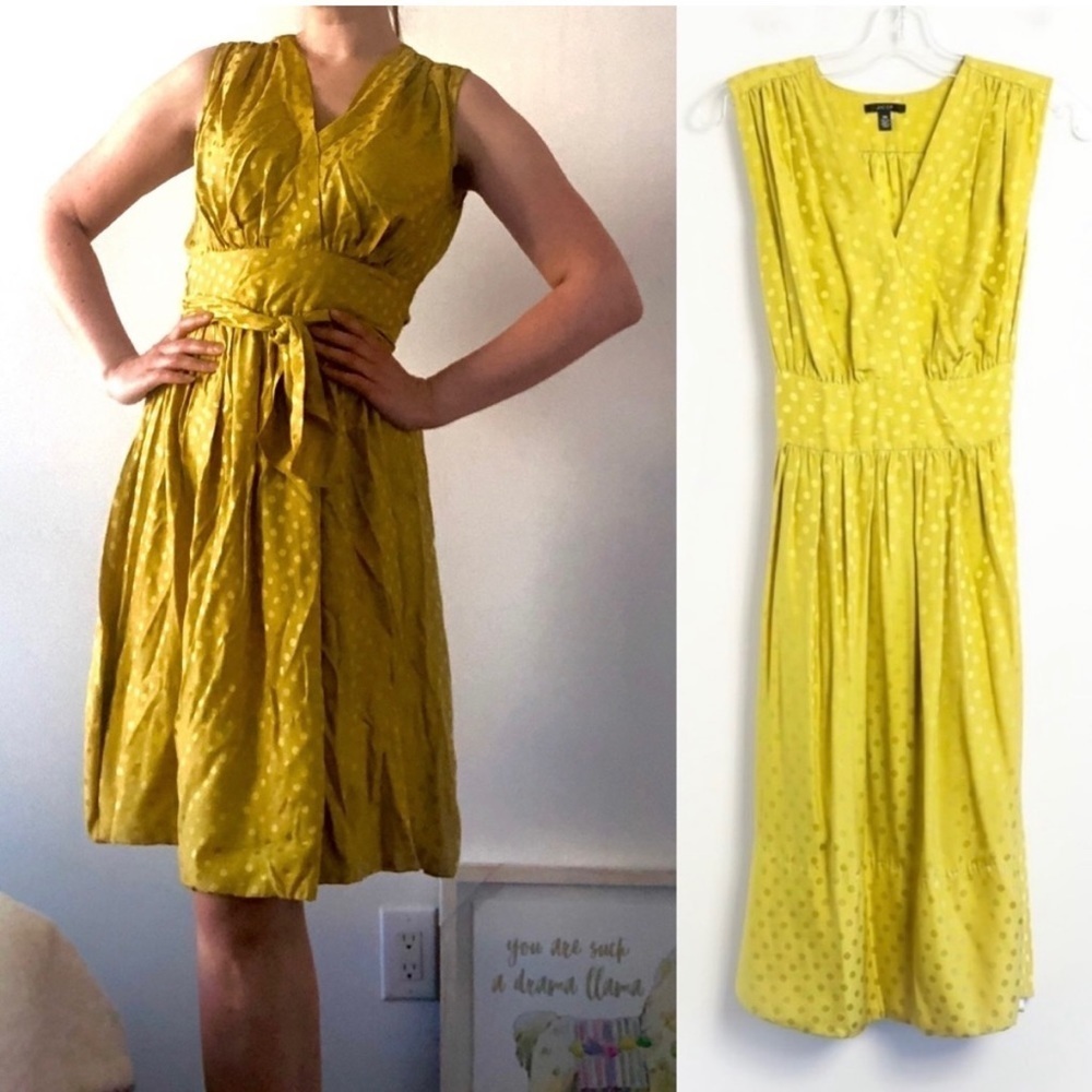 Jacob 100% silk yellow midi dress polka dot mustard V-neck belted cocktail 7/8 M